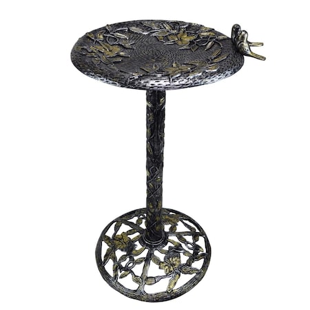 Catgato 34 in. Handmade Solid Tall Black & Gold Cast Aluminum Bird Bath w/Twin Singing Birds, Antique Slvr CA2628468